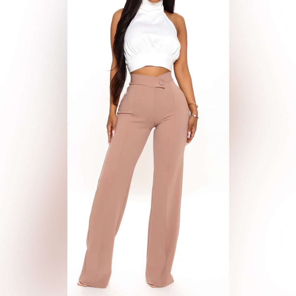 High Waisted V Front Wide Leg Dress Pants Tan Taupe Size L NWT